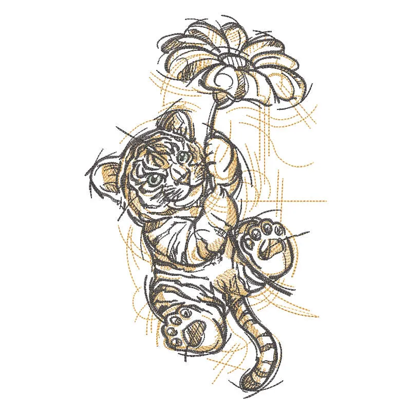 A whimsical tiger cub flying over a colorful flower in an intricate embroidery design.