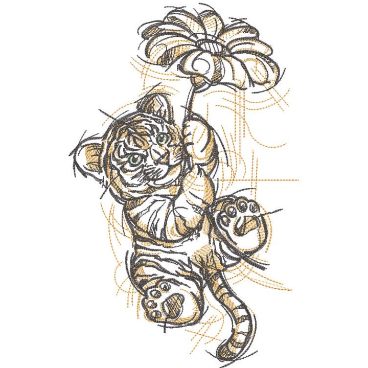 Tiger cub flying on a flower embroidery design - Embroidery Design