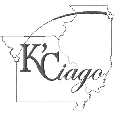 KaCiago logo embroidery design featuring a stylized basketball emblem on a textured fabric background.