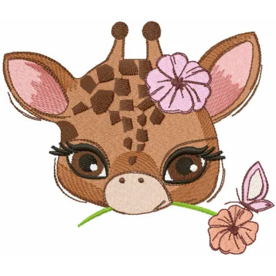 Charming Baby Giraffe with Flower Embroidery Design