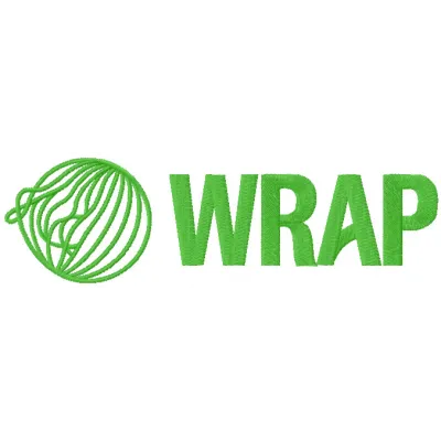 Close-up of a Wrap logo embroidery design showcasing intricate stitching and vibrant colors on fabric.