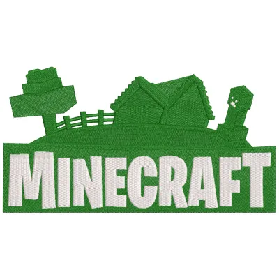 Embroidery design featuring a Minecraft gaming village with iconic blocks and structures, showcasing pixelated style.