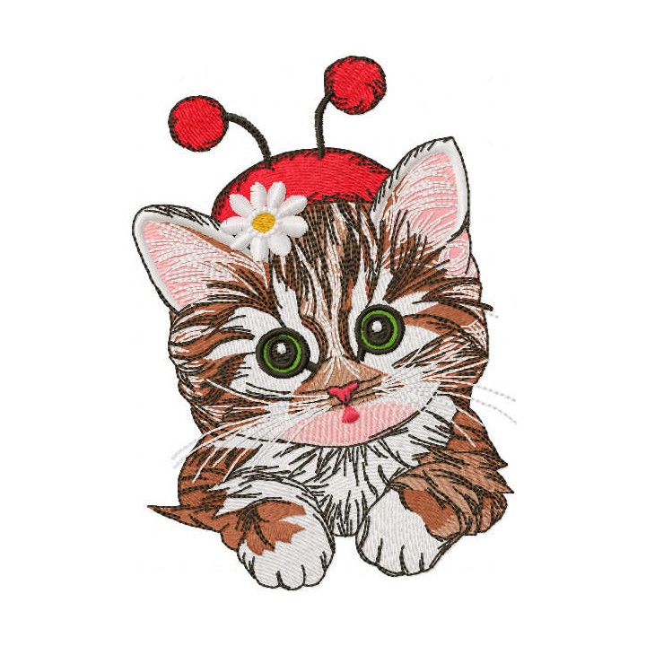 Cute kitten in ladybug costume embroidery design - Embroidery Design