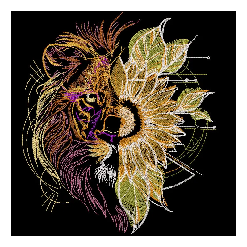 Lion vs sunflower embroidery design featuring a detailed lion head intertwined with vibrant sunflowers.