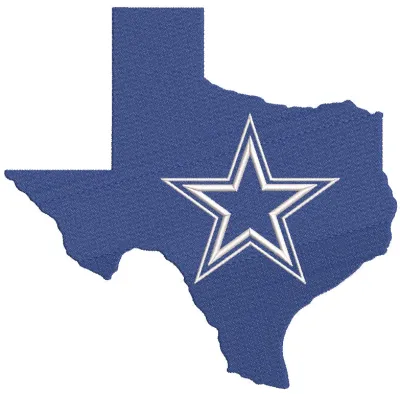 Dallas Cowboys state background logo embroidery design featuring a blue and white star emblem on fabric.