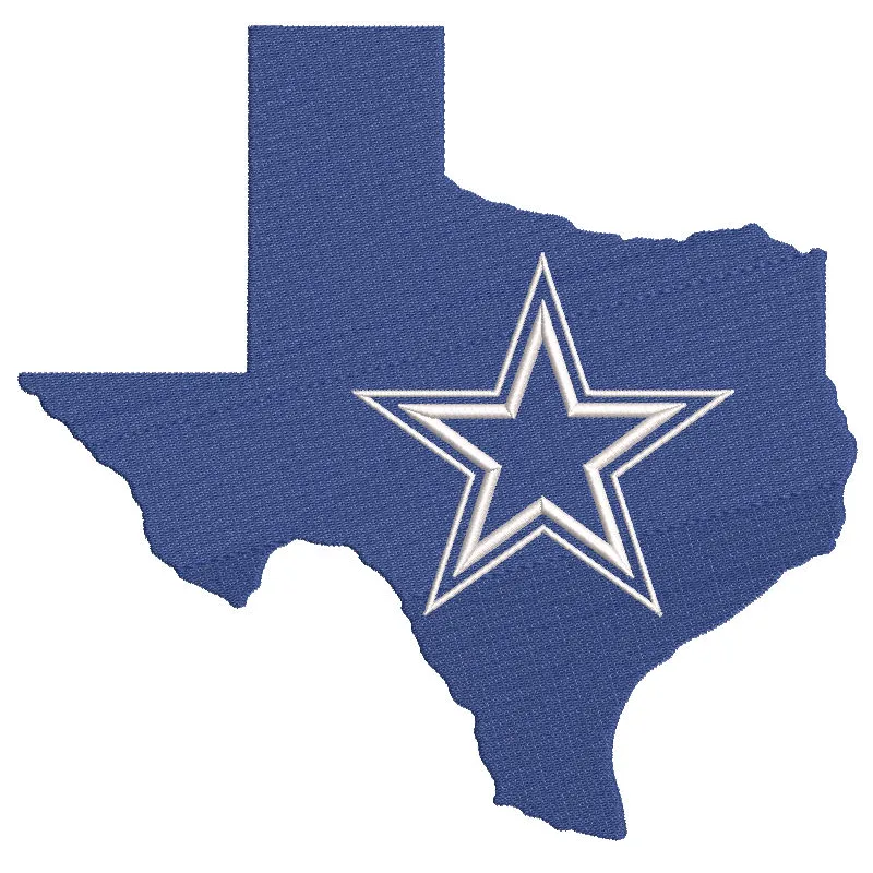 Dallas Cowboys state background logo embroidery design featuring a blue and white star emblem on fabric.
