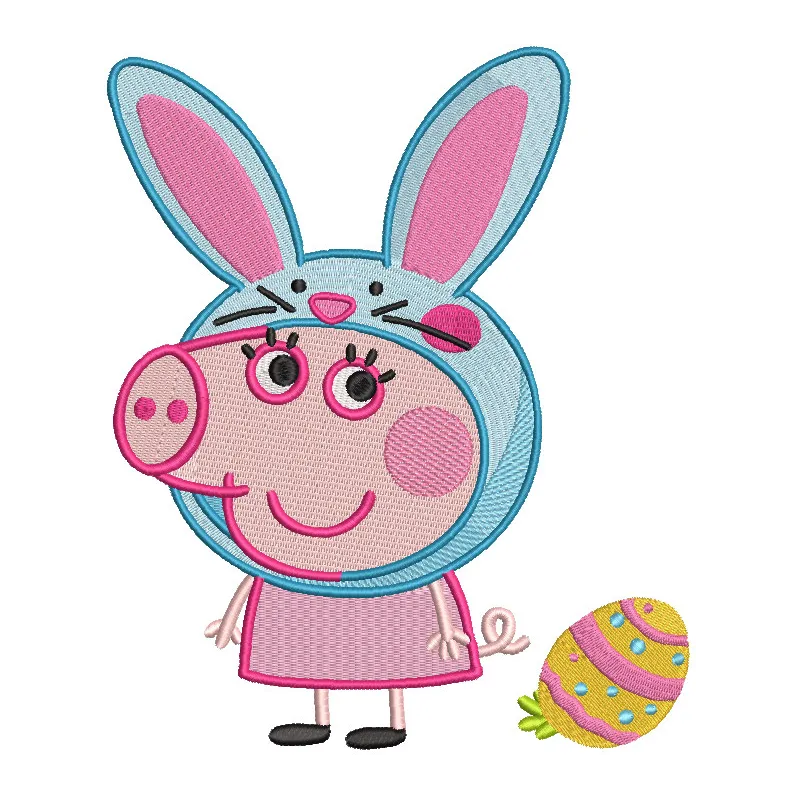 Funny pig bunny ears Easter egg embroidery design featuring playful colors and whimsical patterns, ideal for Easter crafts.