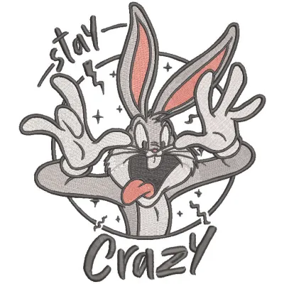 Bugs Bunny Stay Crazy embroidery design featuring a cheerful Bugs Bunny character in vibrant colors.