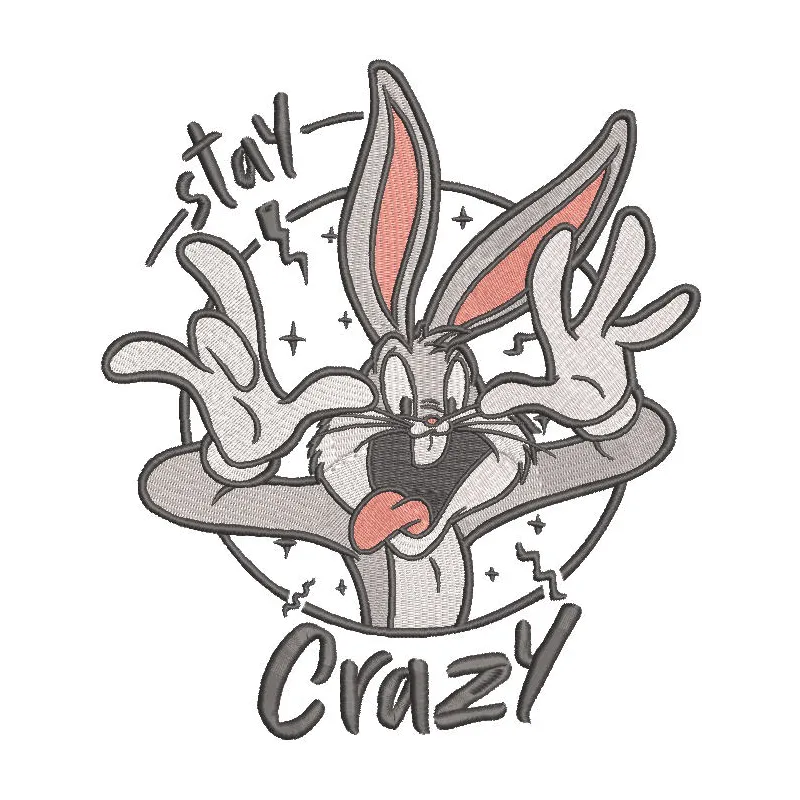 Bugs Bunny Stay Crazy embroidery design featuring a cheerful Bugs Bunny character in vibrant colors.