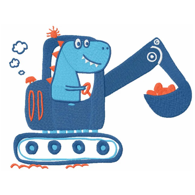 Dino works on an excavator embroidery design - Embroidery Design