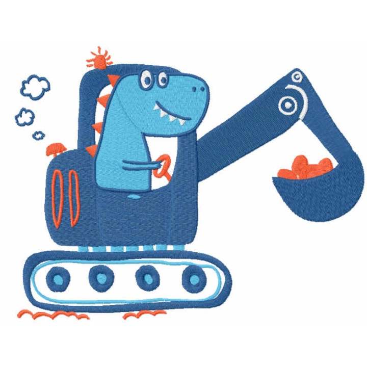 Dino works on an excavator embroidery design - Embroidery Design