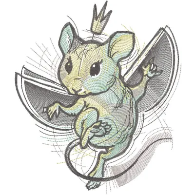 Dancing Mouse Queen embroidery design featuring a whimsical mouse in a crown, surrounded by colorful threads.