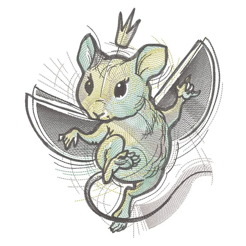 Dancing Mouse Queen embroidery design featuring a whimsical mouse in a crown, surrounded by colorful threads.