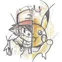 Embroidery design featuring Ash Ketchum and Pikachu in an action pose, vibrant colors and detailed stitching.
