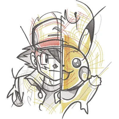 Embroidery design featuring Ash Ketchum and Pikachu in an action pose, vibrant colors and detailed stitching.