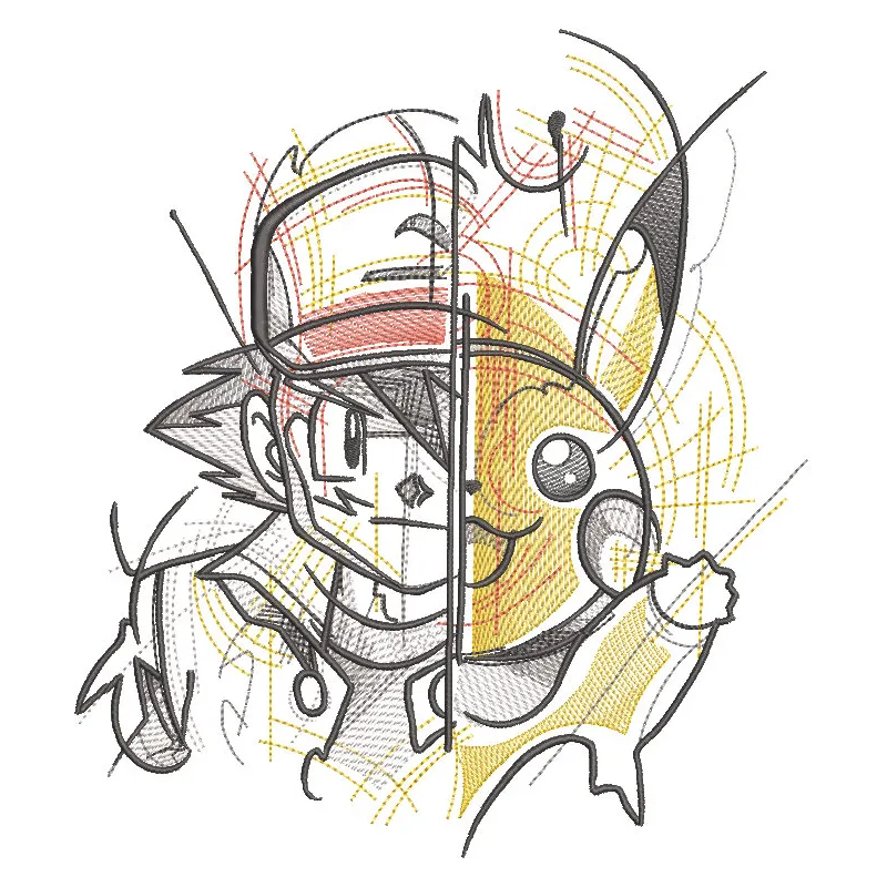 Embroidery design featuring Ash Ketchum and Pikachu in an action pose, vibrant colors and detailed stitching.