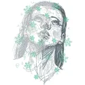 Close-up of a girl's face with delicate snowflakes falling, featuring an intricate snowflakes fall embroidery design.