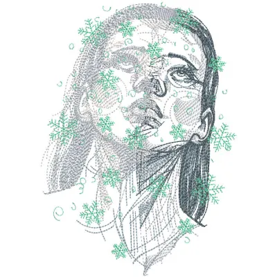 Close-up of a girl's face with delicate snowflakes falling, featuring an intricate snowflakes fall embroidery design.