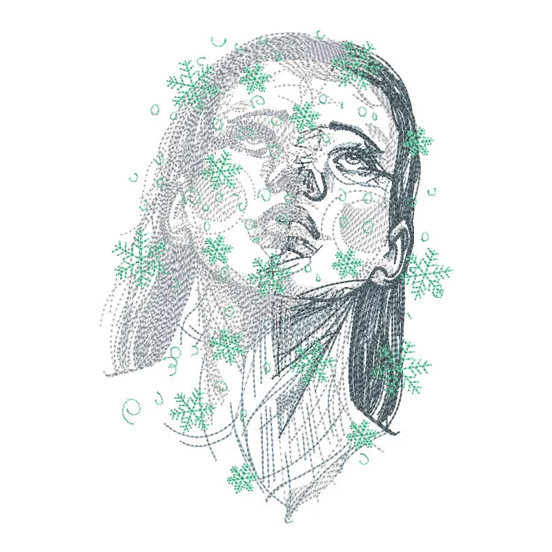 Close-up of a girl's face with delicate snowflakes falling, featuring an intricate snowflakes fall embroidery design.