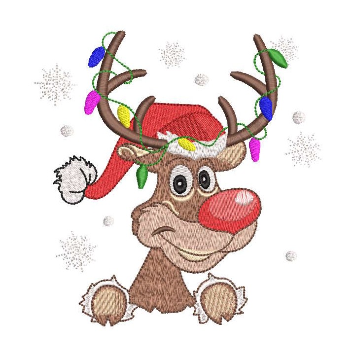 Reindeer in santa hat with garland on antlers embroidery design - Embroidery Design