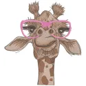Giraffe in pink glasses embroidery design featuring a cute giraffe wearing stylish pink glasses.