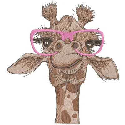 Giraffe in pink glasses embroidery design featuring a cute giraffe wearing stylish pink glasses.
