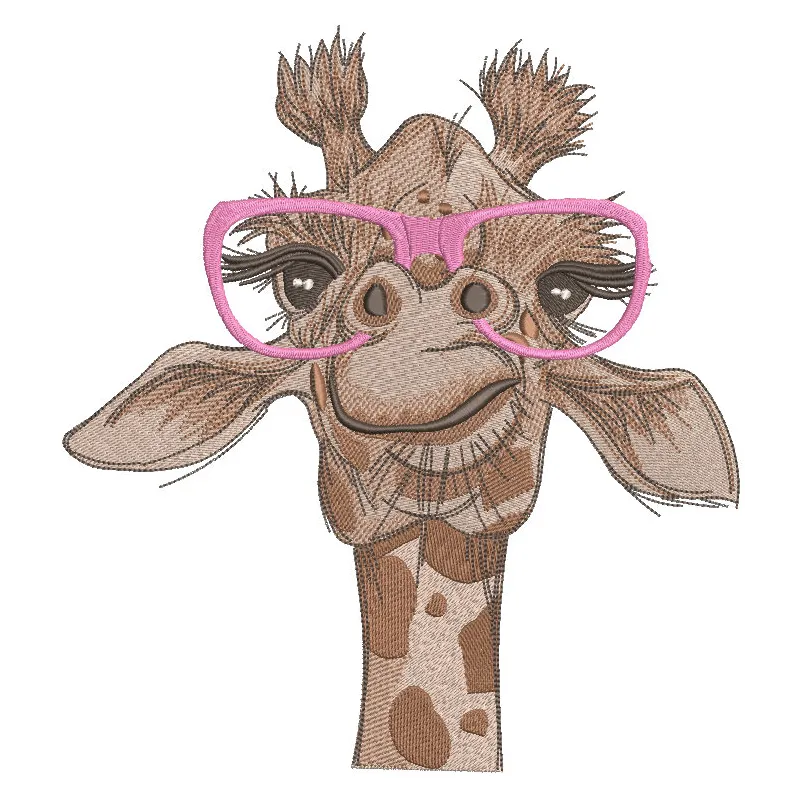 Giraffe in pink glasses embroidery design featuring a cute giraffe wearing stylish pink glasses.
