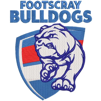 Embroidery design of the Western Bulldogs football club Footscray logo on fabric, showcasing team colors and details.