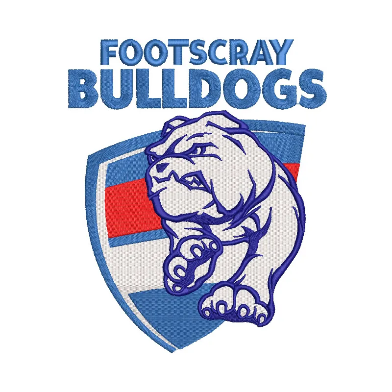 Embroidery design of the Western Bulldogs football club Footscray logo on fabric, showcasing team colors and details.