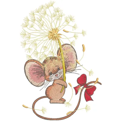 A cute mouse featuring intricate dandelion and bow embroidery design on its body.