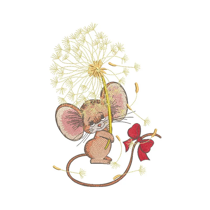 A cute mouse featuring intricate dandelion and bow embroidery design on its body.