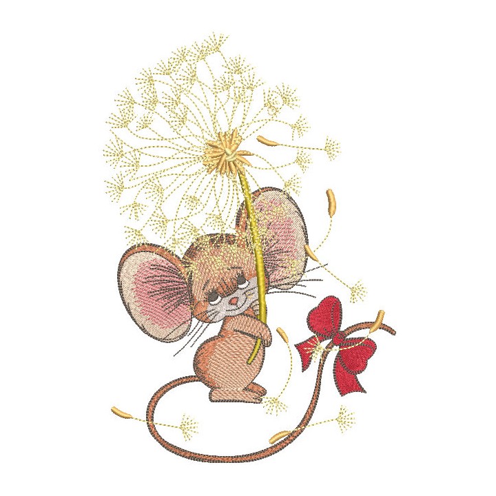 Mouse with dandelion and bow embroidery design - Embroidery Design
