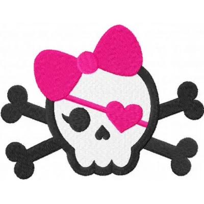 Edgy Skull Adorned with a Playful Pink Bow Embroidery