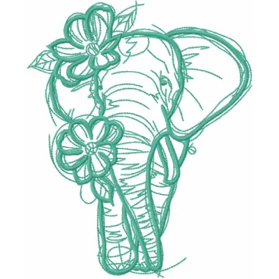 Sketch Elephant with Flowers One-Color Stitching Pattern