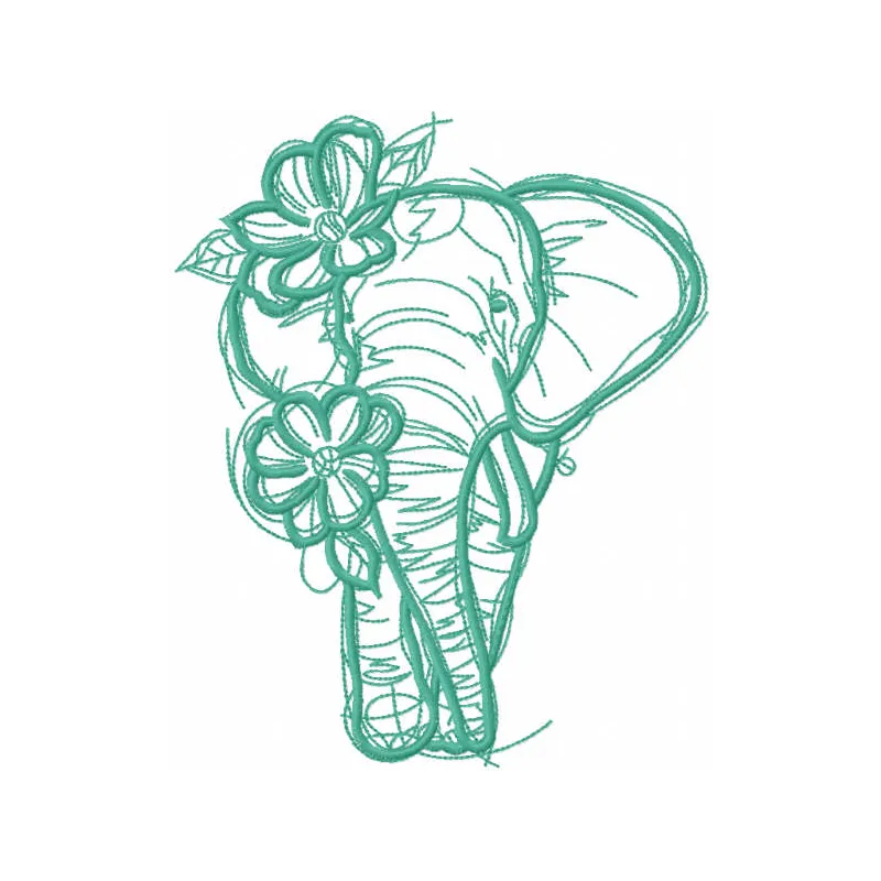 Sketch Elephant with Flowers One-Color Stitching Pattern