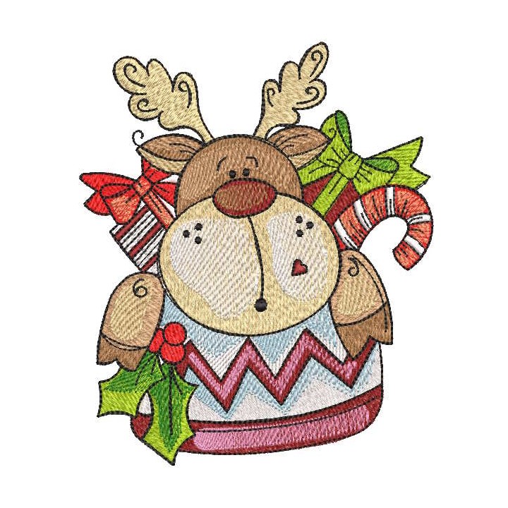 Reindeer in scandinavian knitted sock with gifts embroidery design - Embroidery Design