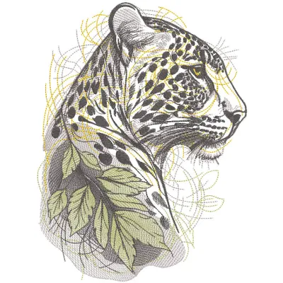 Jaguar branch sketch embroidery design featuring intricate details of a jaguar on a branch.