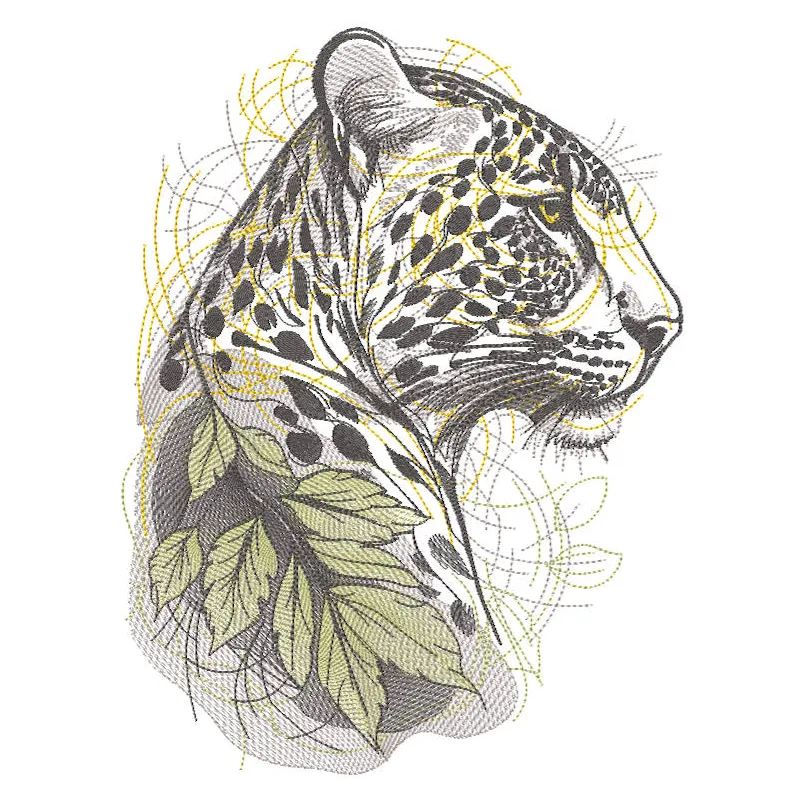 Jaguar branch sketch embroidery design featuring intricate details of a jaguar on a branch.
