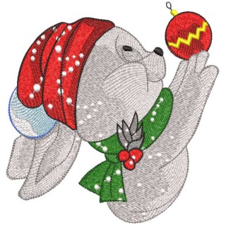 Bunny in a knitted hat hangs a Christmas ball embroidery design - Embroidery Design