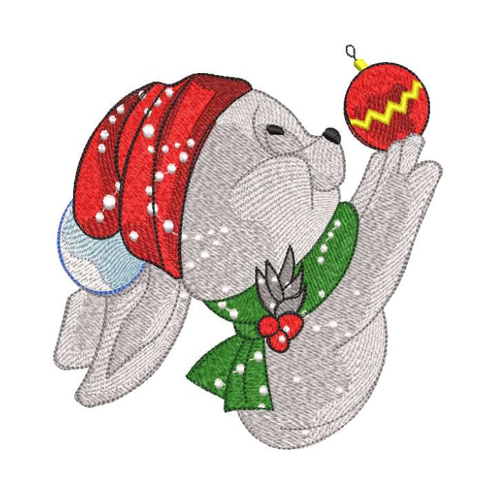 Bunny in a knitted hat hangs a Christmas ball embroidery design - Embroidery Design