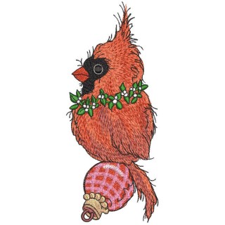 Cardinal sits on top of a Christmas ball embroidery design - Embroidery Design