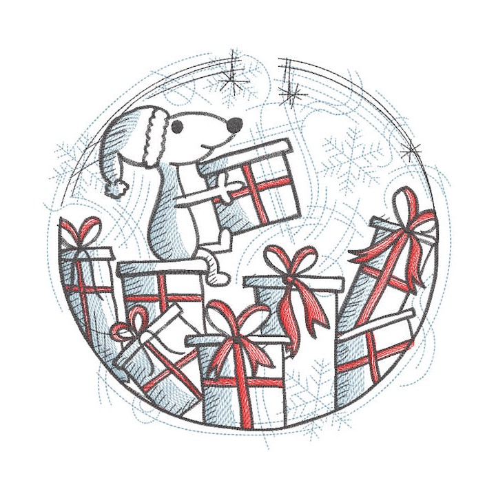 Snow globe dog prepares gifts embroidery design - Embroidery Design