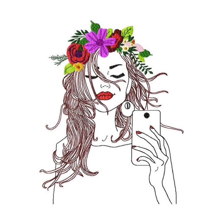 Girl with mobile phone embroidery design - Embroidery Design