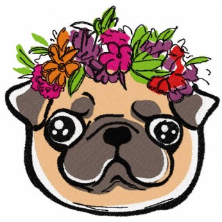 Pug with a wreath of flowers embroidery design - Embroidery Design