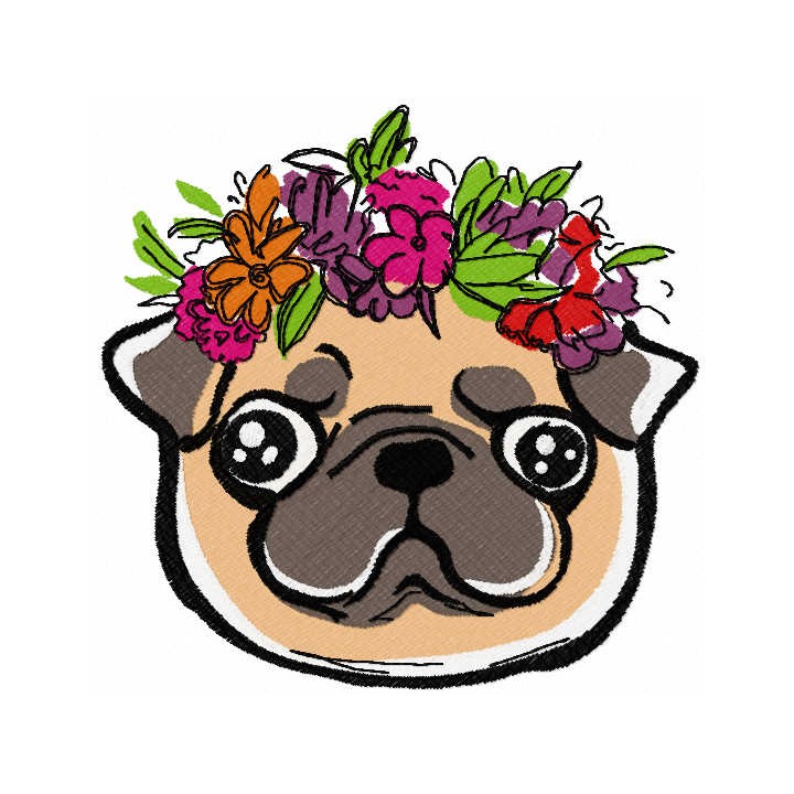 Pug with a wreath of flowers embroidery design - Embroidery Design