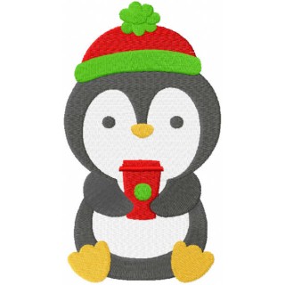 Penguin with coffee cup embroidery design - Embroidery Design