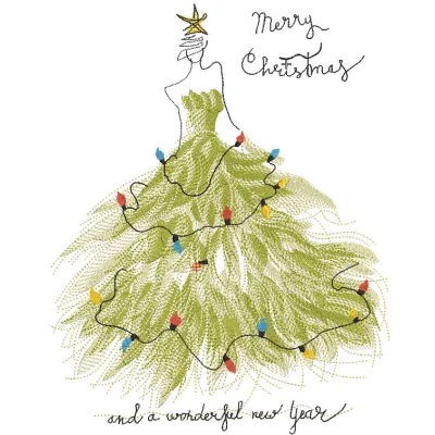 Intricate Christmas tree lady embroidery design featuring festive colors and detailed stitching patterns.