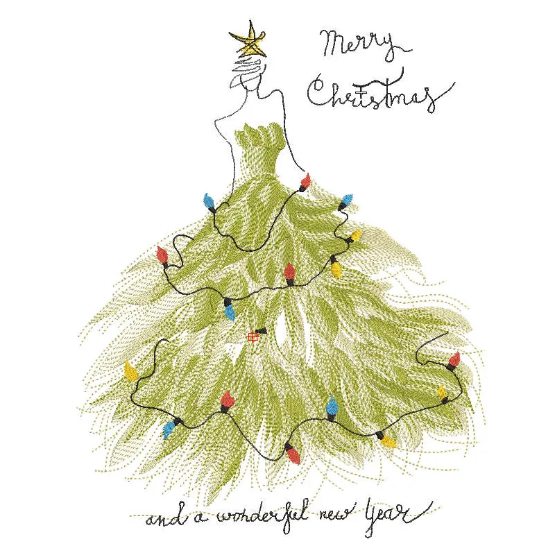 Intricate Christmas tree lady embroidery design featuring festive colors and detailed stitching patterns.