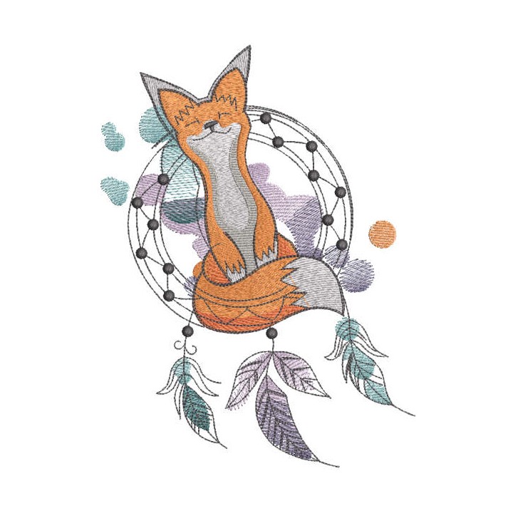 Happy fox and dream catcher embroidery design - Embroidery Design