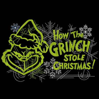 Grinch stole Christmas embroidery design featuring a whimsical depiction of the Grinch with festive elements.
